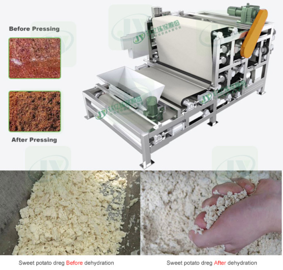 What are the advantages of using a belt press for dewatering sweet potato residue